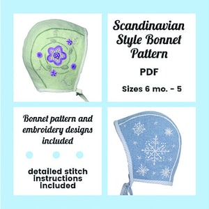 Könnte beinhalten: Ein digitaler Download-Schnittmuster für eine skandinavische Mütze. Das Schnittmuster beinhaltet Stickmotive und detaillierte Stich-Anleitungen. Das Schnittmuster ist in den Größen 6 Monate bis 5 Jahre erhältlich.