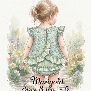 May include: Watercolor illustration of a young child wearing a green floral top with ruffle sleeves and matching green gingham shorts. The text "Marigold Sizes 3 mo. - 5" is at the bottom of the image. The child is standing in a garden.