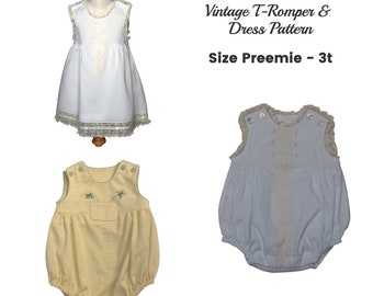 Vintage T-romper en jurk pdf-patroon, maten Preemie - 3t