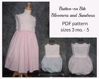 Button-on Bib Bloomers & Sundress PDF Pattern, 3 mo. - 5