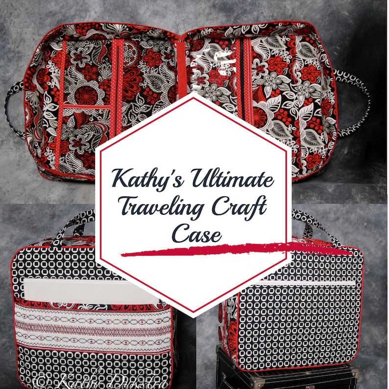 May include: A red and black fabric travel case with the text "Kathy's Ultimate Traveling Craft Case". The case has multiple compartments and pockets for storing craft supplies.