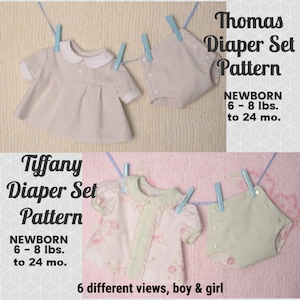May include: Two sets of doll clothes, one in pink and green with floral print and one in beige and white stripes. Both sets include a dress and diaper cover. The text "Tiffany Diaper Set Pattern" and "Thomas Diaper Set Pattern" are on the image. Both sets are for newborns 6-8 lbs. to 24 months.
