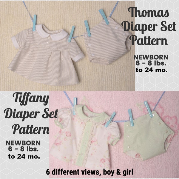 Tiffany/Thomas Diaper Set PDF Pattern - shirt, dress, daygown & diaper cover, sizes NB - 24 mo.