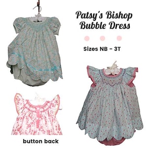 Può includere: Due vestitini per neonati con orlo a balze e stampa floreale. Il vestito a sinistra è blu e bianco con un nastro azzurro. Il vestito a destra è rosa e bianco. Il testo "Patsy's Bishop Bubble Dress" e "Sizes NB - 3T" è visibile. Il testo "button back" è visibile sotto il vestito rosa e bianco.