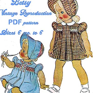 BETSY Vintage Reproduction PDF Smocked Dress Pattern, sz. 6 mo - 6