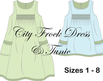 City Frock Dress & Tunic Pattern - PDF, sizes 1 - 8