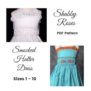 Gesmokte halterjurk voor meisjes pdf-patroon/shabby Roses-jurk pdf-patroon, mt. 1 - 10