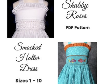 Girl's Smocked Halter Dress PDF Pattern/Shabby Roses Dress PDF pattern, sz. 1 - 10