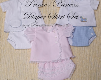 Prince/Princess Diaper Set & Daygown PDF Pattern, sz. Preemie - 24 mo.