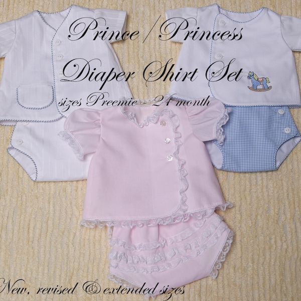 Prince/Princess Diaper Set & Daygown PDF Pattern, sz. Preemie - 24 mo.