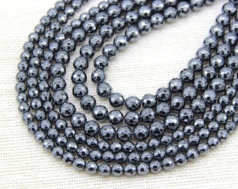 Natural Hematite Faceted Round Beads 6mm 8mm 10mm, Gray Hematite Beads, Gray Gemstone Beads, Dark Gray Beads, Man Jewelry Beads