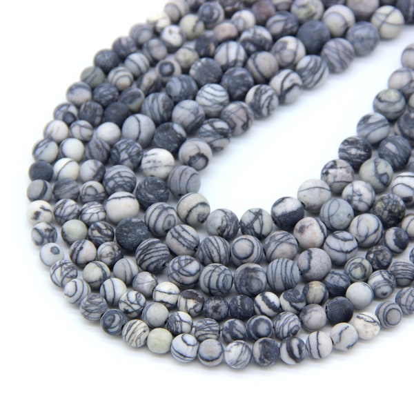 Matte Black Picasso Jasper 6mm 8mm 10mm, Matte Black Gray Web Jasper, Natural Black Line Gray Gemstone Beads, Frost Black Gray Mala Beads