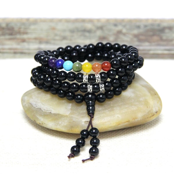 108 Mala Beads, Black Onyx 7 Chakra Mala Bracelet, Gemstone Buddhist Prayer Beads, Wrap Stack Beaded Black Mala Bracelet Meditation Necklace