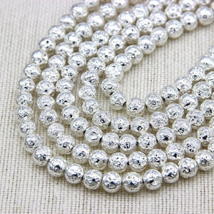 Silver Plated Lava Rock Round Beads 4mm 6mm 8mm 10mm Electroplated Volcanic Rock Beads Silver Gemstone Spacers Yoga Mala Healing Meditation