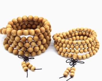 108 Wood Mala,Cedar Wood Mala Beads 6mm 8mm,Buddhist Prayer Beads,Yellow Wood Wrap Stack Beaded Bracelet Meditation Healing Beads Necklace