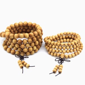 108 Wood Mala,Cedar Wood Mala Beads 6mm 8mm,Buddhist Prayer Beads,Yellow Wood Wrap Stack Beaded Bracelet Meditation Healing Beads Necklace