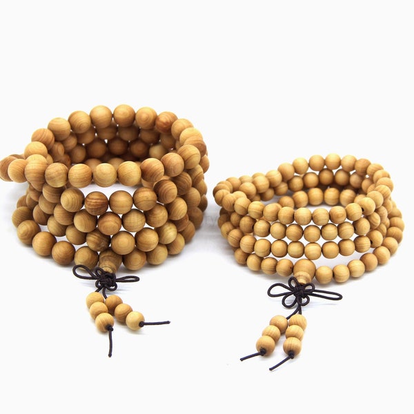 108 Bois Mala, Perles Mala en bois de cèdre 6mm 8mm, Perles de prière bouddhistes, Pile de bois jaune Pile de bracelets perlés Méditation Perles de guérison Collier