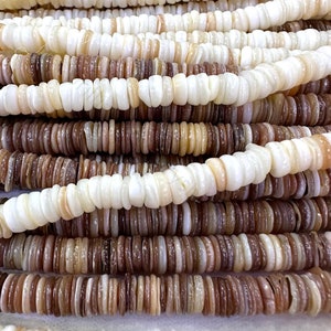 以下が含まれることがあります： 白と茶色の貝殻ビーズのストランドのクローズアップ。ビーズは丸く、自然で有機的な外観をしています。ジュエリーやその他のクラフトを作るのに最適です。