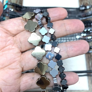 Natural Hematite Clover Beads 6mm 8mm 10mm 13mm, Hematite Flat 4 Leaf Clover Spacer Beads, Gemstone Clover Charms,Gray Hematite Pendant