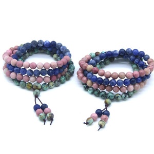 African Turquoise Pink Rhodonite Blue Sodalite 108 Mala Beads, Matte Pink Blue Gemstone Mala, Gemstone Necklace Mala, Buddhist Prayer Beads