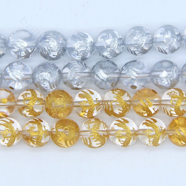 Rock Crystal Carved Dragon Beads 10mm 12mm AAA, Natural Clear Crystal Carving Chinese Dragon Charm, Gold Dragon Beads, Silver Dragon Beads