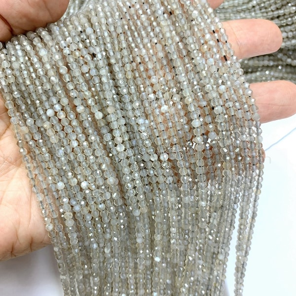 Natural Gray Moonstone 2mm 3mm 4mm Micro Faceted Beads,Tiny Gray Gemstone Beads,Tiny Moonstone Beads,Small Moonstone Spacer Beads