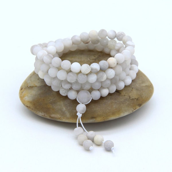 White Agate 108 Gemstone Mala Beads, Matte White Agate Mala Bracelet Necklace,Buddhist Prayer Beads,Yoga Jewelry, Gemstone Wrap Mala Beads