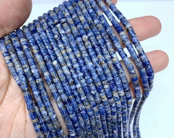 小さなソーダライトヘイシラウンドビーズ 3 mm 4 mm、ブルージェムストーンシードビーズ、小さなシリンダーソーダライトスペーサー、天然ソーダライトチューブビーズ