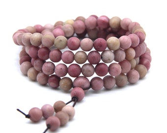 108 Matte Pink Rhodonite Mala Beads, Pink Gemstone Mala Beads, Rhodonite Beaded Bracelet Necklace, Buddhist Prayer Beads, Yoga Healing Beads