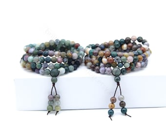 Natural Indian Agate 108 Mala Beads, Indian Agate Mala Stretch Bracelet Necklace,Gemstone Buddhist Prayer Beads, Green Red Mala Beads