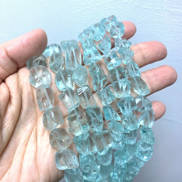 Aquamarine Glass Nugget Beads, Blue Sea Glass Tumble, Aqua Glass Jewelry Supplies, Recycled Glass, Raw Crystal Rough Drill, Ice Blue Glass