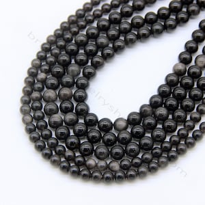 Natural Silver Obsidian Beads 6mm 8mm 10mm A Quality, Black Silver Obsidian Beads, Genuine Dragon Glass Gemstone, Obsidian Mala Beads