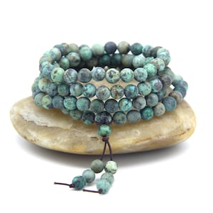 African Turquoise 108 Blue Mala Beads, Matte African Turquoise Mala Bracelet Necklace,Gemstone Buddhist Prayer Beads, Gemstone Wrap Bracelet