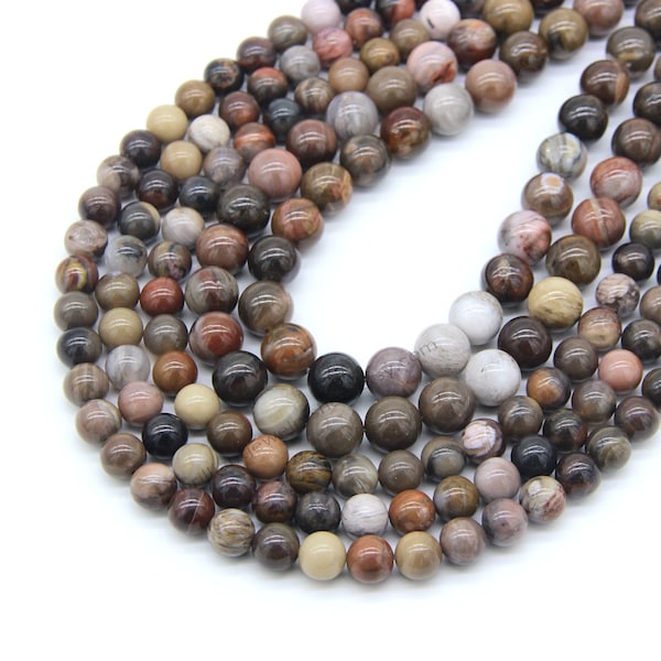 Cuentas de madera natural petrificada 4mm 6mm 8mm 10mm Cuentas Mala, Cuentas marrones al por mayor de piedras preciosas, Madera Fósil Jaspe Mala Beads