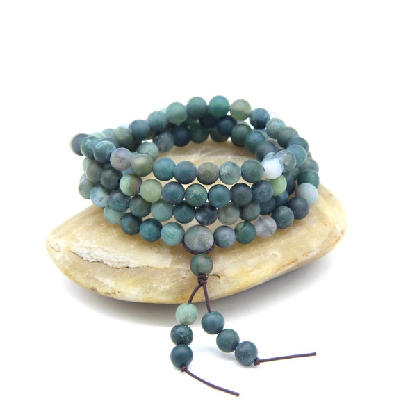 Moss Agate 108 Mala Beads, Matte Moss Agate Mala Bracelet Necklace,Gemstone Buddhist Prayer Beads, Green Mala Beads, Wrap Bracelet Mala