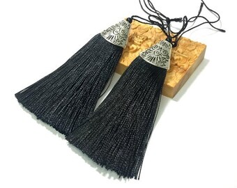 シルクタッセル ブラック 3個 マーラタッセル 8CM シルクジュエリー製作タッセル シルクミディアムロングタッセル ボヘミアンキーチェーン ハンドバッグ 財布 チャームアクセサリー