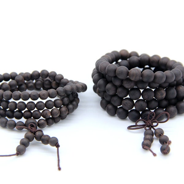 108 wood Mala Beads, Matte Black Sandalwood Mala Beads 6mm 8mm, Wood Buddhist Prayer Beads, Mala Wrap Stack Beaded Bracelet, Mala Necklace