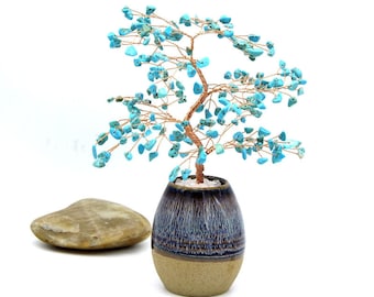 Turquoise Wire Tree Blue Gemstone Wire Sculpture Life of Tree Lucky Tree Feng Shui Bonsai Energy Healing Chakra Decor December Birthstone