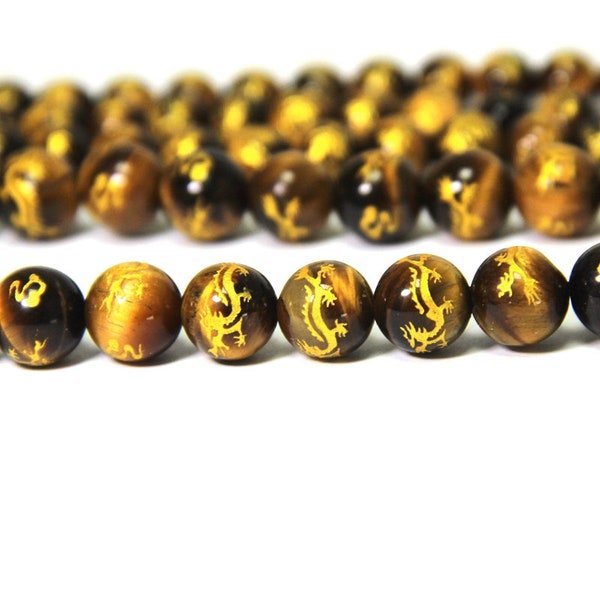 Perles d’oeil de tigre jaune Perles de dragon sculptées 6mm 8mm 10mm 12mm Oeil de tigre naturel peint Perles de dragon chinois Perles d’espacement en or Bijoux de dragon