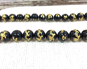 Carved black agate dragon round spacer loose beads 15.5 10mm 12mm 14mm