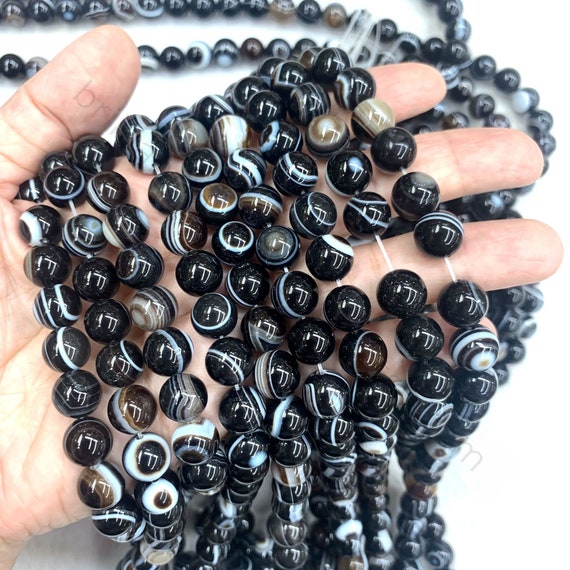 Black Agate, White Banded Beads - 8mm