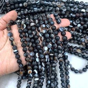 Natural Matte Black Eye Agate Beads 8mm 10mm 12mm, Black White Stripe Agate Beads, Black Gemstone Mala Beads, Frost Black Agate Beads