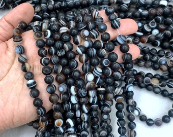 Natural Matte Black Eye Agate Beads 8mm 10mm 12mm, Black White Stripe Agate Beads, Black Gemstone Mala Beads, Frost Black Agate Beads