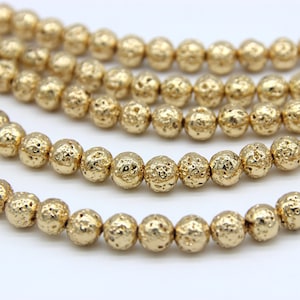 14K Gold Plated Lava Rock Round Beads 4 6mm 8mm 10mm Electroplated Volcanic Rock Beads KC Gold Gemstone Spacers Yoga Mala Healing Meditation