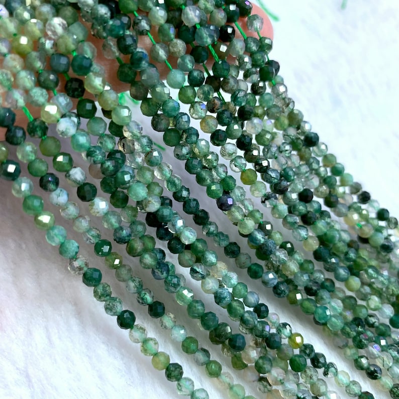 Tiny Moss Agate Beads Micro Faceted 2mm 3mm, Natural Small Green Agate Gemstone Spacer Beads, Agate Beads For Bracelet Necklace Earring image 1