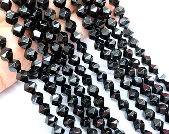 Natural Black Onyx Star Cut Faceted Beads 6mm 8mm 10mm, Black Agate Rose Cut Geometric Cut Nugget Mala Beads, Black Gemstone Focal Beads