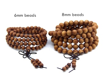 108 Wood Mala, Natural Sandalwood Mala Beads 6mm 8mm, Buddhist Prayer Beads, Brown Sandalwood Elastic Bracelet Necklace, Wood Healing Mala