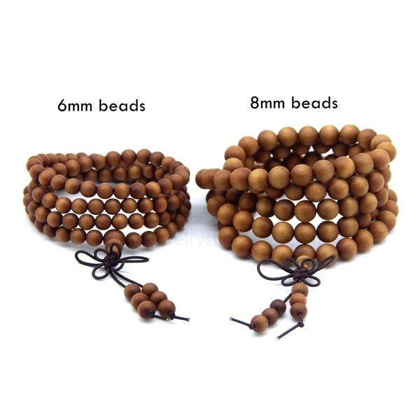 108 Wood Mala, Natural Sandalwood Mala Beads 6mm 8mm, Buddhist Prayer Beads, Brown Sandalwood Elastic Bracelet Necklace, Wood Healing Mala