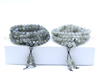 Gray Labradorite 108 Mala Beads, Labradorite Mala Bracelet, Blue Flash Lt Labradorite Wrap Bracelet Necklace, Gemstone Buddhist Prayer Beads