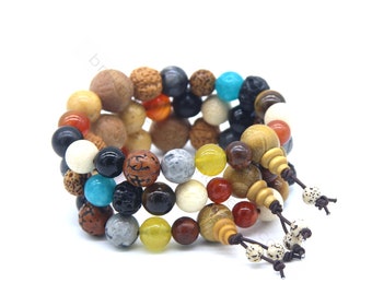 Natural 18 Bodhi Seed Gemstone Sandalwood Mala Beads, Elastic Mala Bracelet, Buddhist Prayer Beads, Meditation Yoga Bracelet, Healing Beads